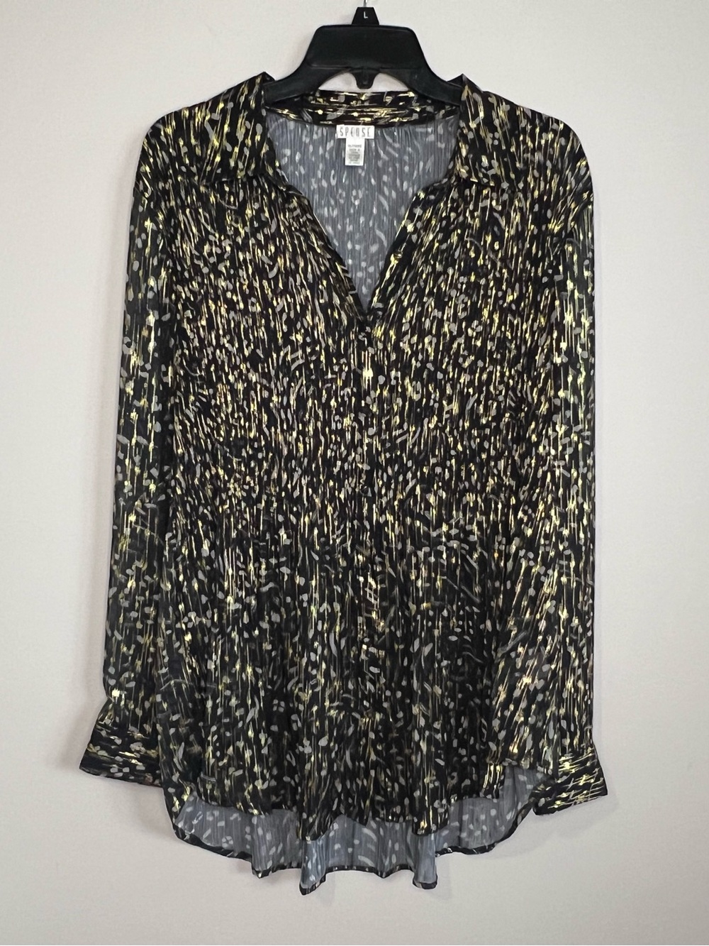 Spense Black and Yellow Abstract Print Button-Down Blouse